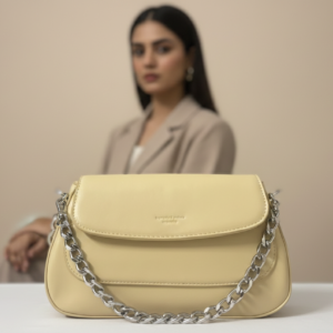 Minimalist Cream Underarm Bag with Silver Chain Detail