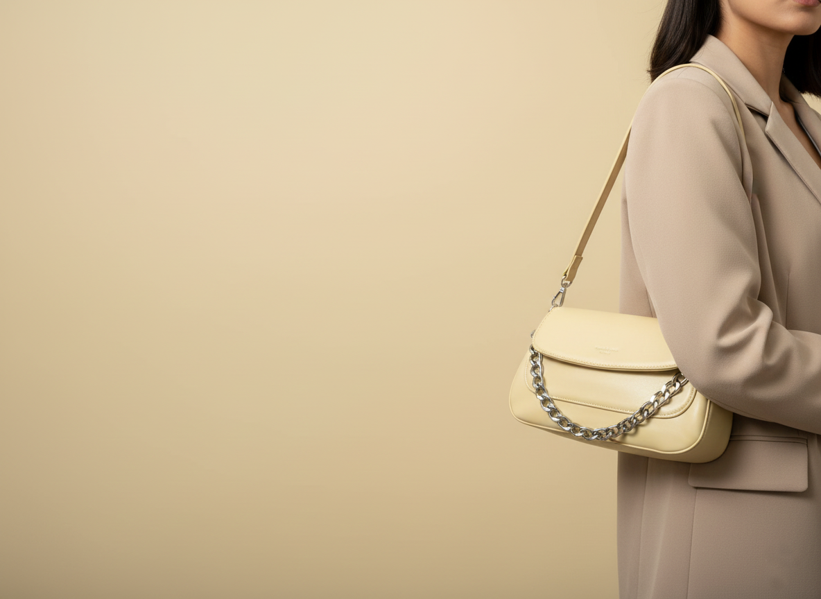 Minimalist Cream Underarm Bag with Silver Chain Detail - Image 5