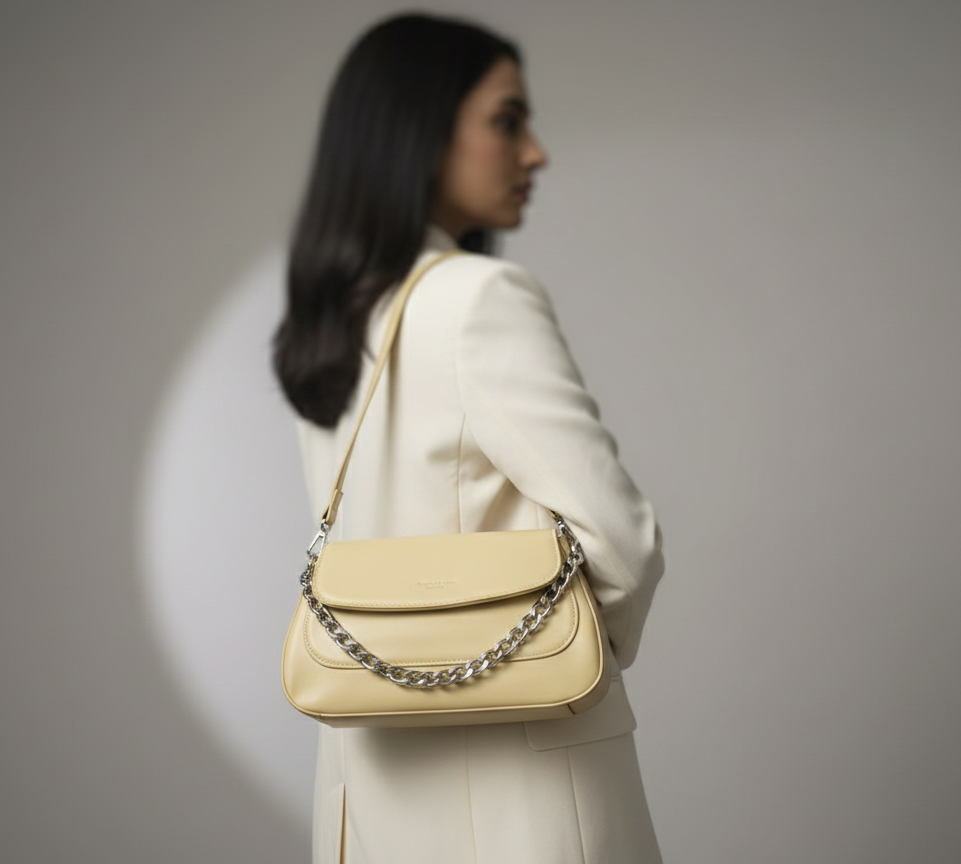 Minimalist Cream Underarm Bag with Silver Chain Detail - Image 4